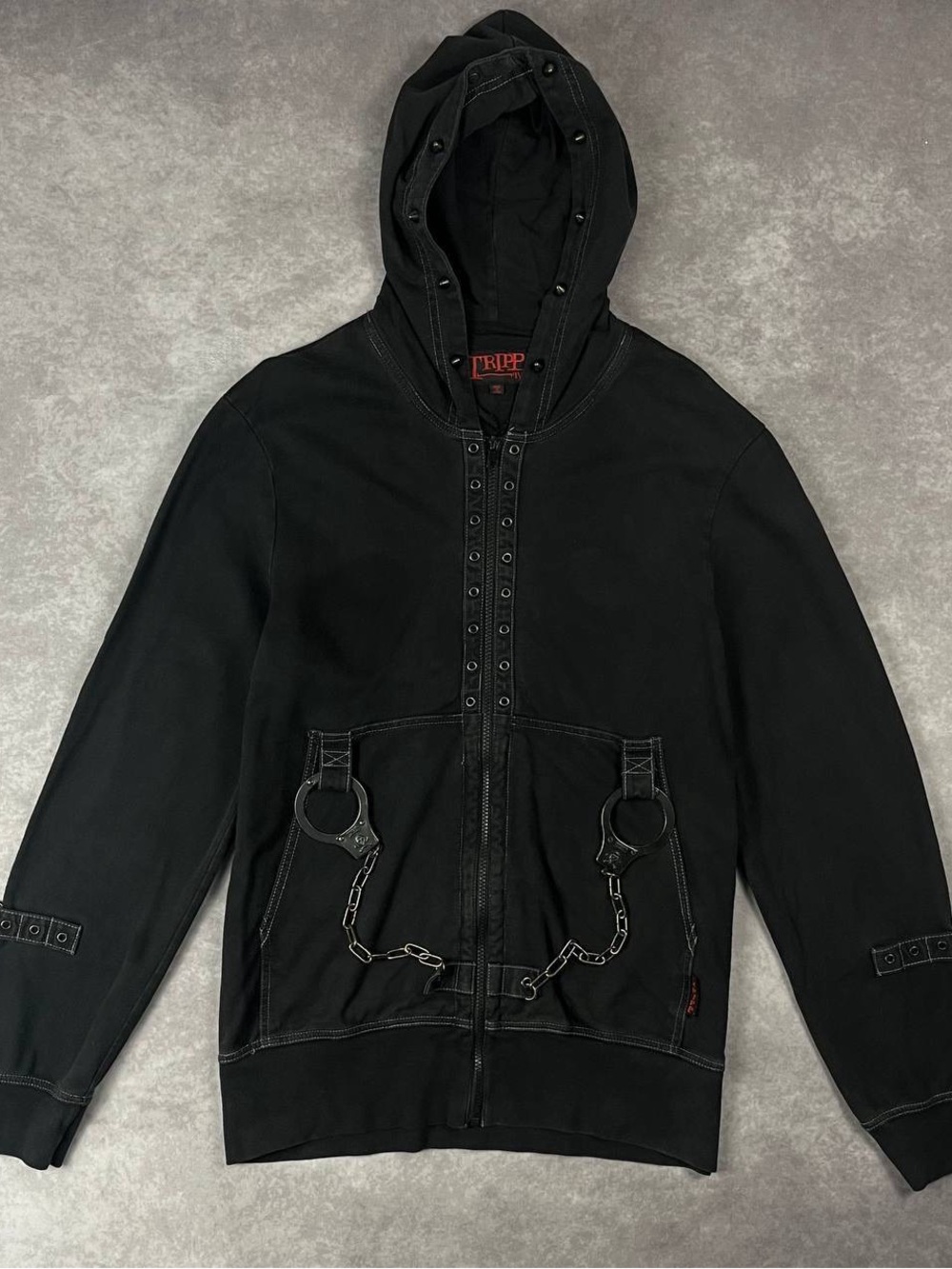[192] Vintage Rare! Tripp NYC Black Moto Biker Punk Hoodie Jacket Handcuffs Sz M